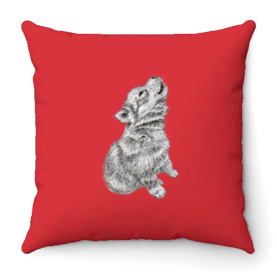 Cute Baby Howling Wolf Cub Sketch Throw Pillows