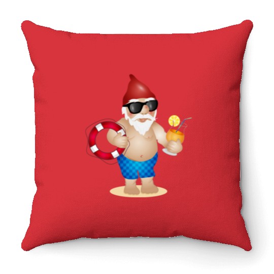 Garden gnome with swimming trunks and lifebuoy Throw Pillows