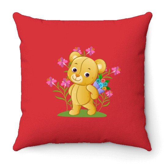 The sweet teddy bear holding a bucket Throw Pillows
