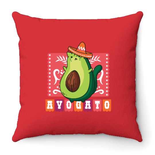 AVOGATO " AVOCADO CAT MEXICAN " Throw Pillows