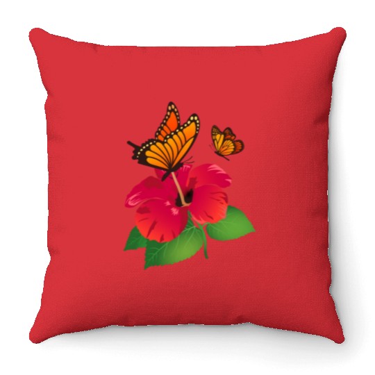 Hibiscus Flower and Monarch Butterfly Nature Throw Pillows