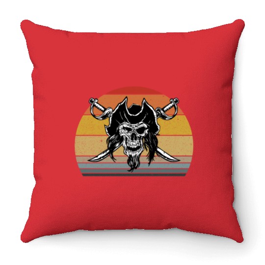 Retro Pirate Skull Vintage Pirate Swords Sunset Throw Pillows