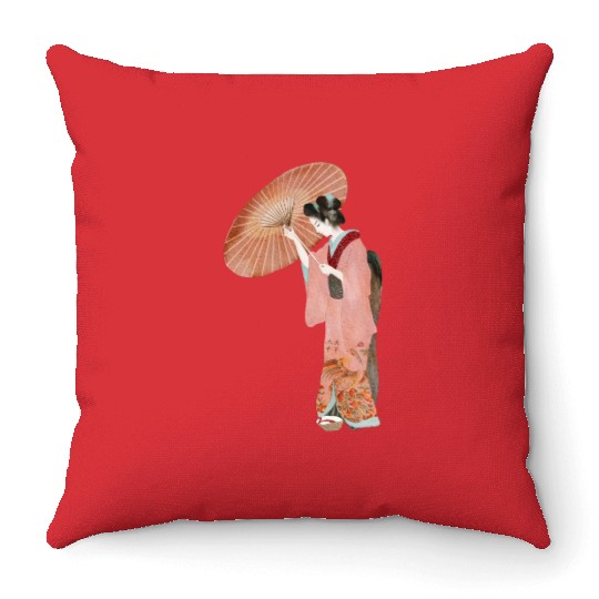 Japanese woman in kimono in a watercolor Throw Pillows