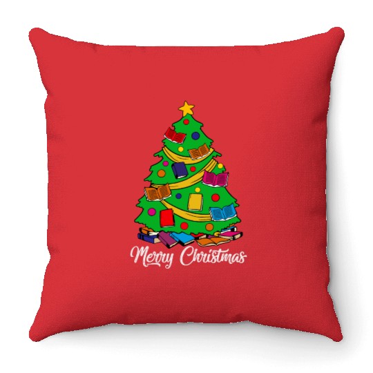 Merry Christmas Tree Love Reading Books Librarian Throw Pillows