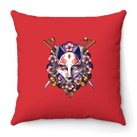 Kitsune Japanese Fox Mask Throw Pillows