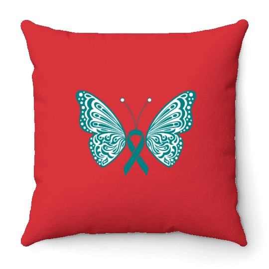 Ovarian Cancer Awareness Teal Ribbon Butterfly Throw Pillows