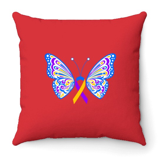 Bladder Cancer Purple Yellow Blue Ribbon Butterfly Throw Pillows