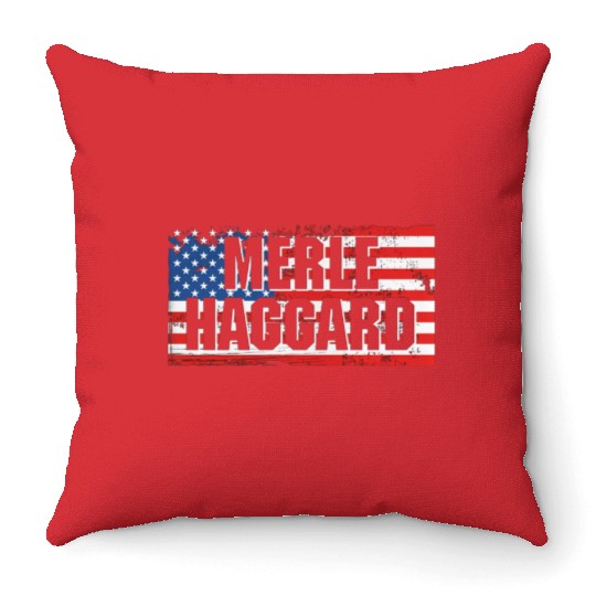 Vintage Graphic Merle Haggard On Flag Throw Pillows