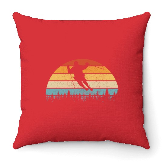 Vintage Sunset Skiing, Gift For Skiers Throw Pillows