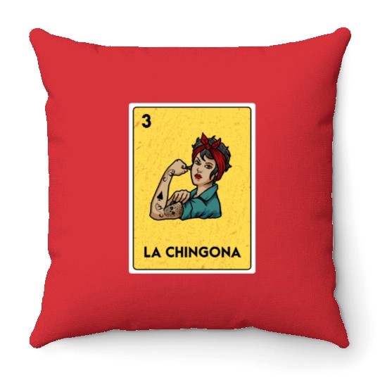 La Chingona Mexican Lottery Bingo Game Card Player Throw Pillows