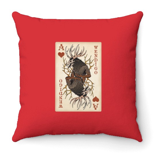 Wendigo Playing Card - Ace of Hearts Cryptid Art Throw Pillows