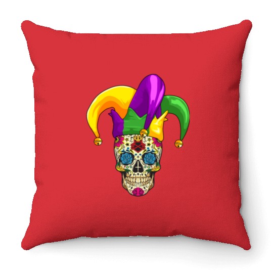 Sugar Skull Mardi Gras Jester Joker Louisiana Carn Throw Pillows