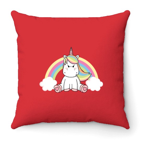 Grumpy Unicorn Evil Bad Mood Unicorn Rainbow Throw Pillows