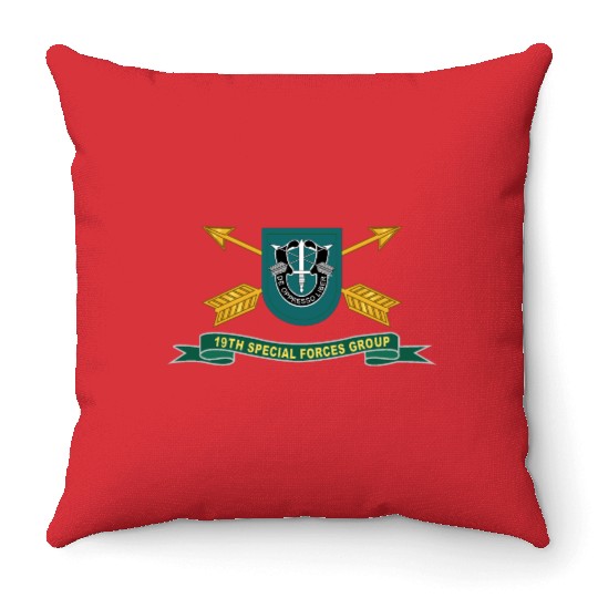 Army 19th Special Forces Group Flash w Br Ribbon Throw Pillows