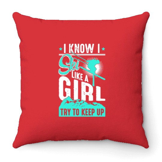 Ski like a Girl Retro Vintage Snow Skiing Winter Throw Pillows