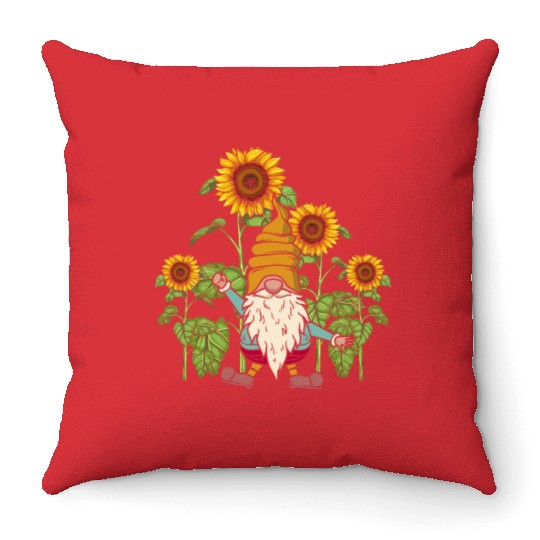 Gnome Sunflower Gardening Gnomes Throw Pillows