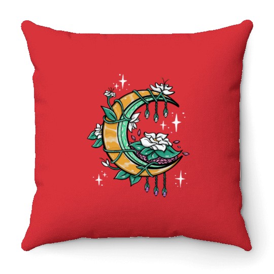 Floral Moon Celestial Lunar Flowers Aesthetic Cres Throw Pillows