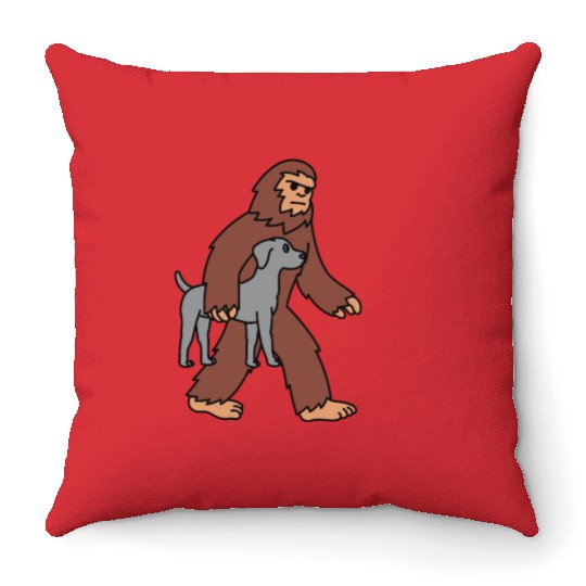 Bigfoot Sasquatch Carrying Weimaraner Throw Pillows