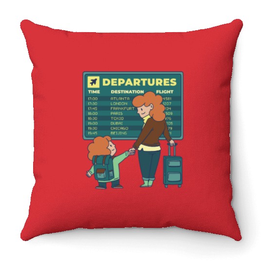 Airport Departures Flight Mom and Son traveling Ai Throw Pillows
