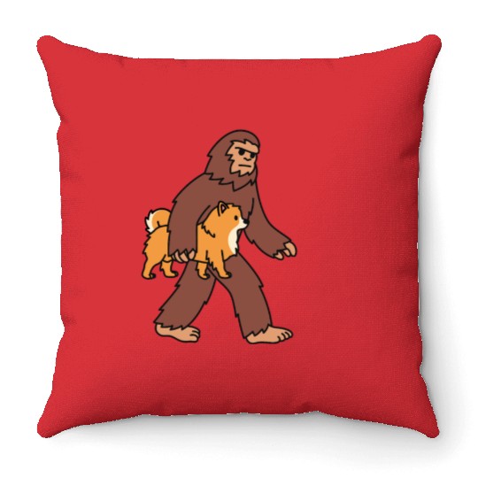 Bigfoot Sasquatch Walking Pomeranian Throw Pillows