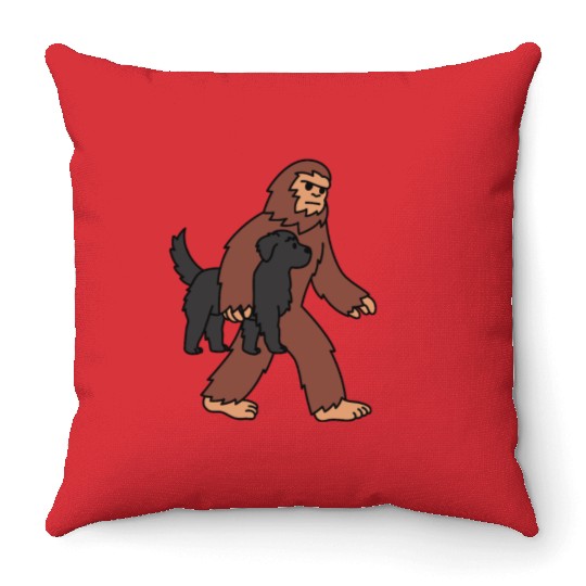 Bigfoot Sasquatch Walking Newfoundland Dog Throw Pillows