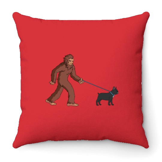 Bigfoot Sasquatch Walking French Bulldog Throw Pillows