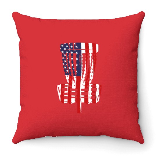 US Flag Disc Golf Basket 4th of July Disc Golfer Throw Pillows