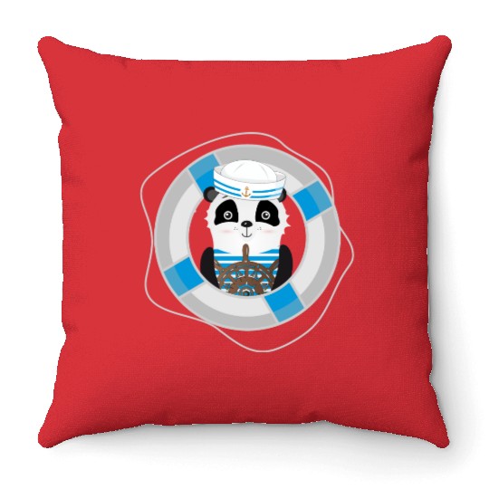 cute panda as a sailor in marine look Throw Pillows