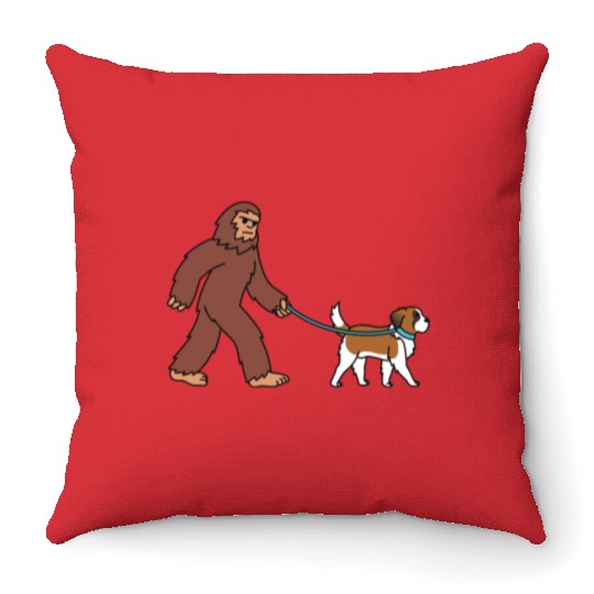 Bigfoot Sasquatch Walking Saint Bernard Throw Pillows