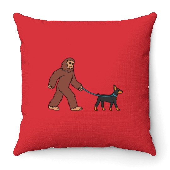 Bigfoot Sasquatch Walking Doberman Throw Pillows