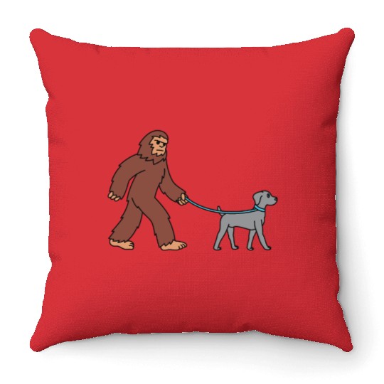 Bigfoot Sasquatch Walking Weimaraner Throw Pillows