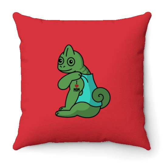 I Love Mom Tattoo Chameleon Reptile Throw Pillows