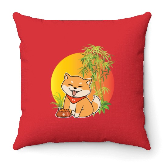 Shiba Inu Japanese Dog Breed Bamboo Plant Hunting Throw Pillows