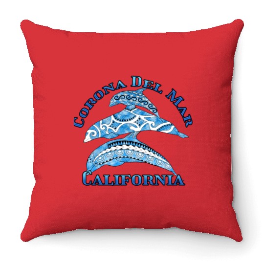 Corona Del Mar California Vacation Tribal Dolphins Throw Pillows
