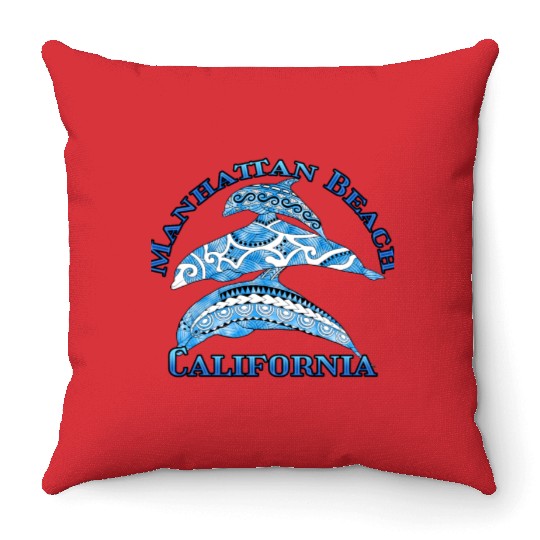 Manhattan Beach California Vacation Tribal Dolphin Throw Pillows