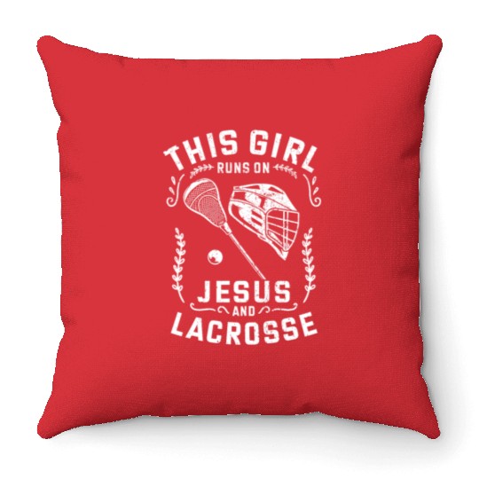 Christian This Girl Runs On Jesus And Lacrosse Throw Pillows