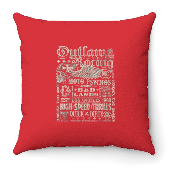 Womens Outlaw Racing Moto Psychos Skull Biker Throw Pillows