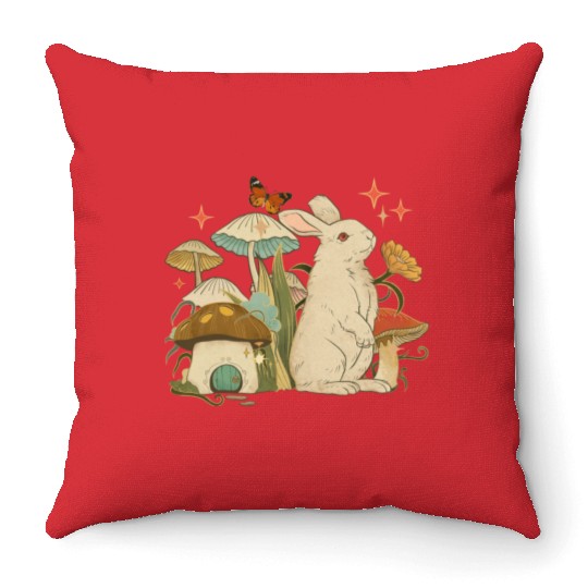 Cottagecore with bunny, mushrooms and butterfly Throw Pillows