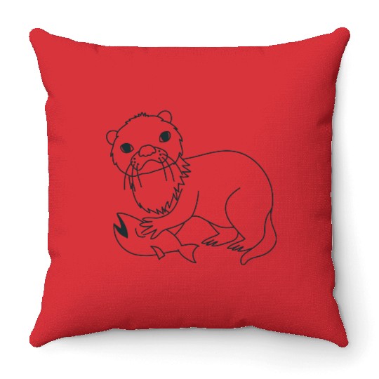 Otter with a fish Throw Pillows