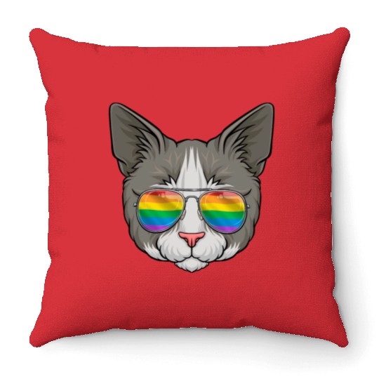 Cat LGBTQ Sunglasses Rainbow Flag Kitten Gay Pride Throw Pillows