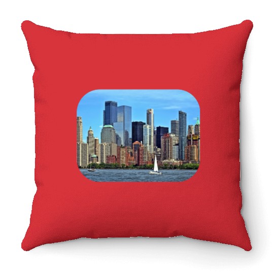 Manhattan NY – Sailboat By Manhattan Skyline Throw Pillows