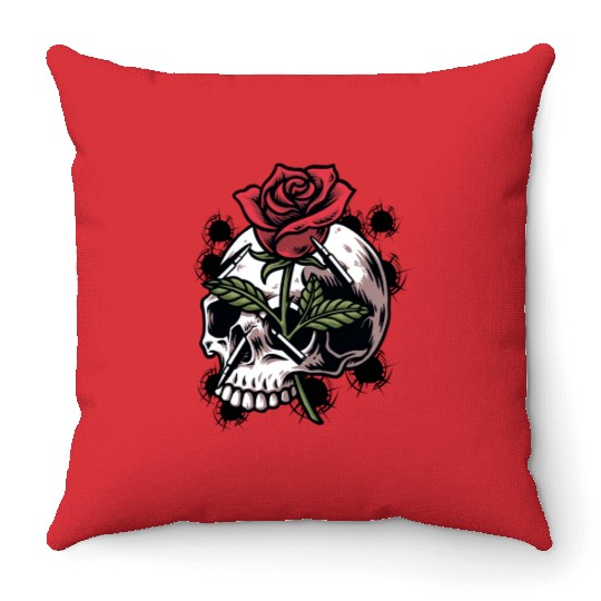 Bullets and Skull Roses Aesthetic Dripping Pattern Throw Pillows