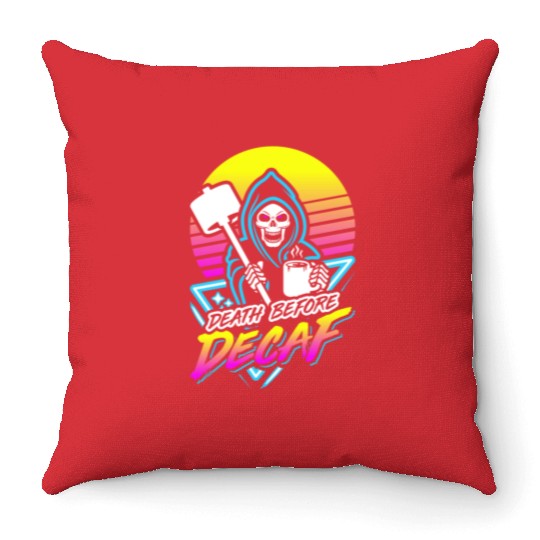 Death Before Decaf (Gym Reaper) Retro Neon Throw Pillows