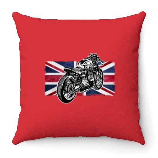 Cafe Racer Bike, Distressed UK Flag Vintage Ride Throw Pillows