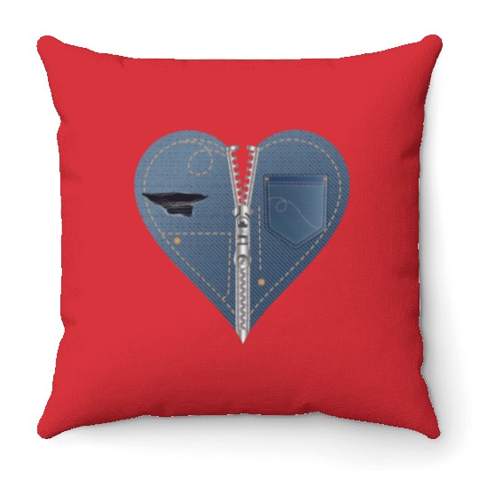 light blue heart in jeans look with zipper Throw Pillows