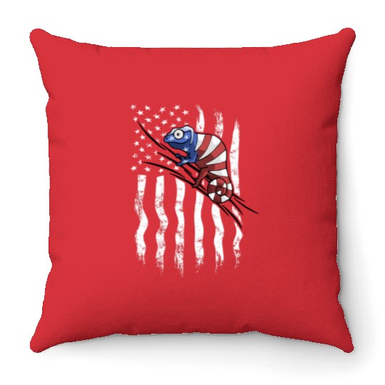 US Flag Patriotic American Chameleon in Stars Throw Pillows
