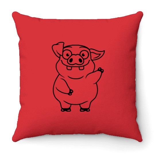 cartoon waving funny pig Throw Pillows