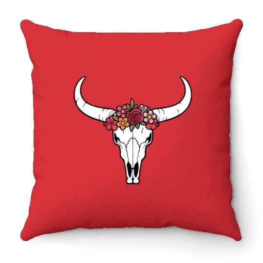 Floral bull skull Throw Pillows