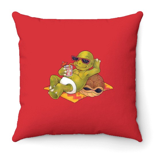 Summer turtle naked on the beach with cocktail Throw Pillows