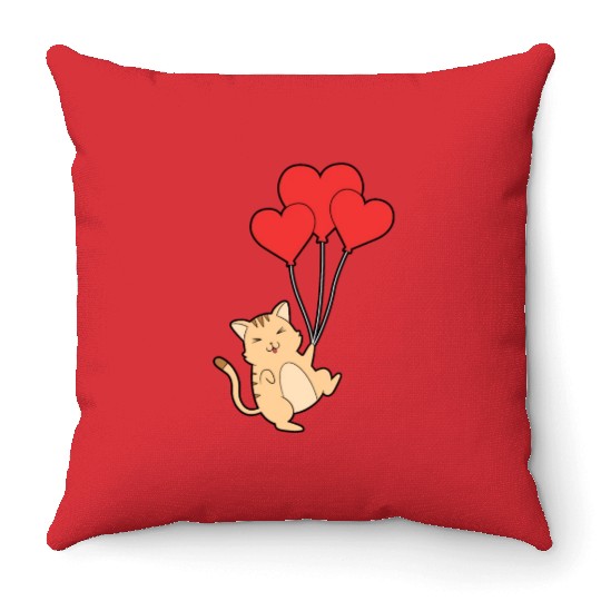 Funny Valentines Day Cat Lover Heart Ballons Kitty Throw Pillows